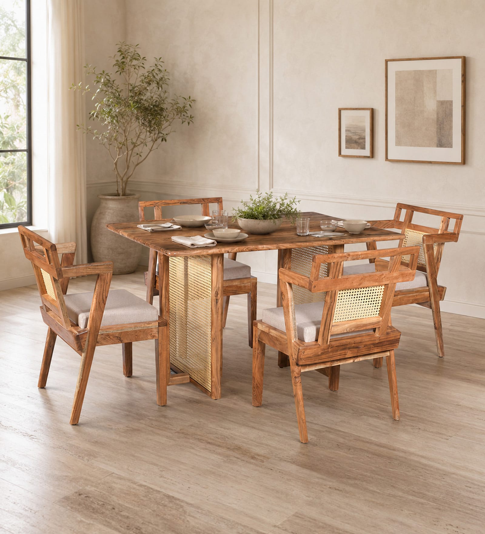 Assen Acacia Wood 4 Seater Dining Set In Natural Finish