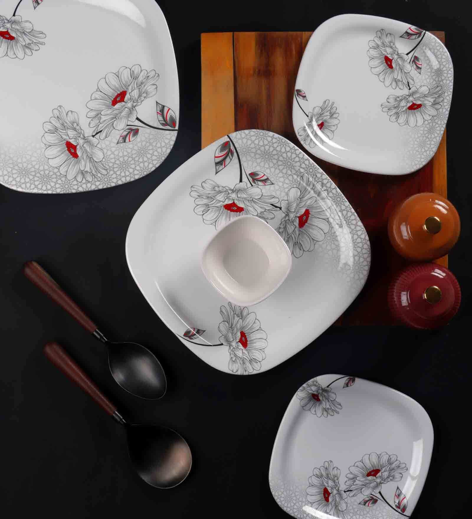 Floral 18 Pcs White & Grey Melamine Dinnerware Set