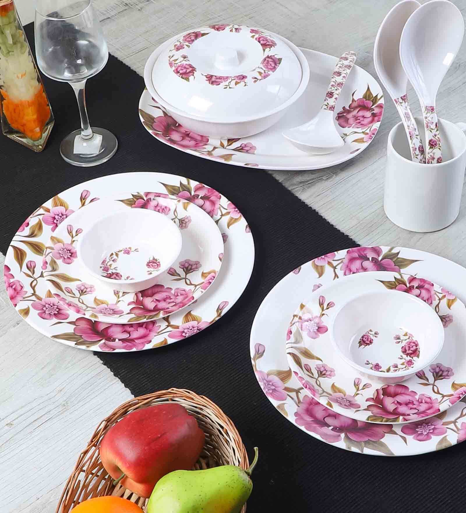 Floral 33 Pcs White & Pink Melamine Dinnerware Set