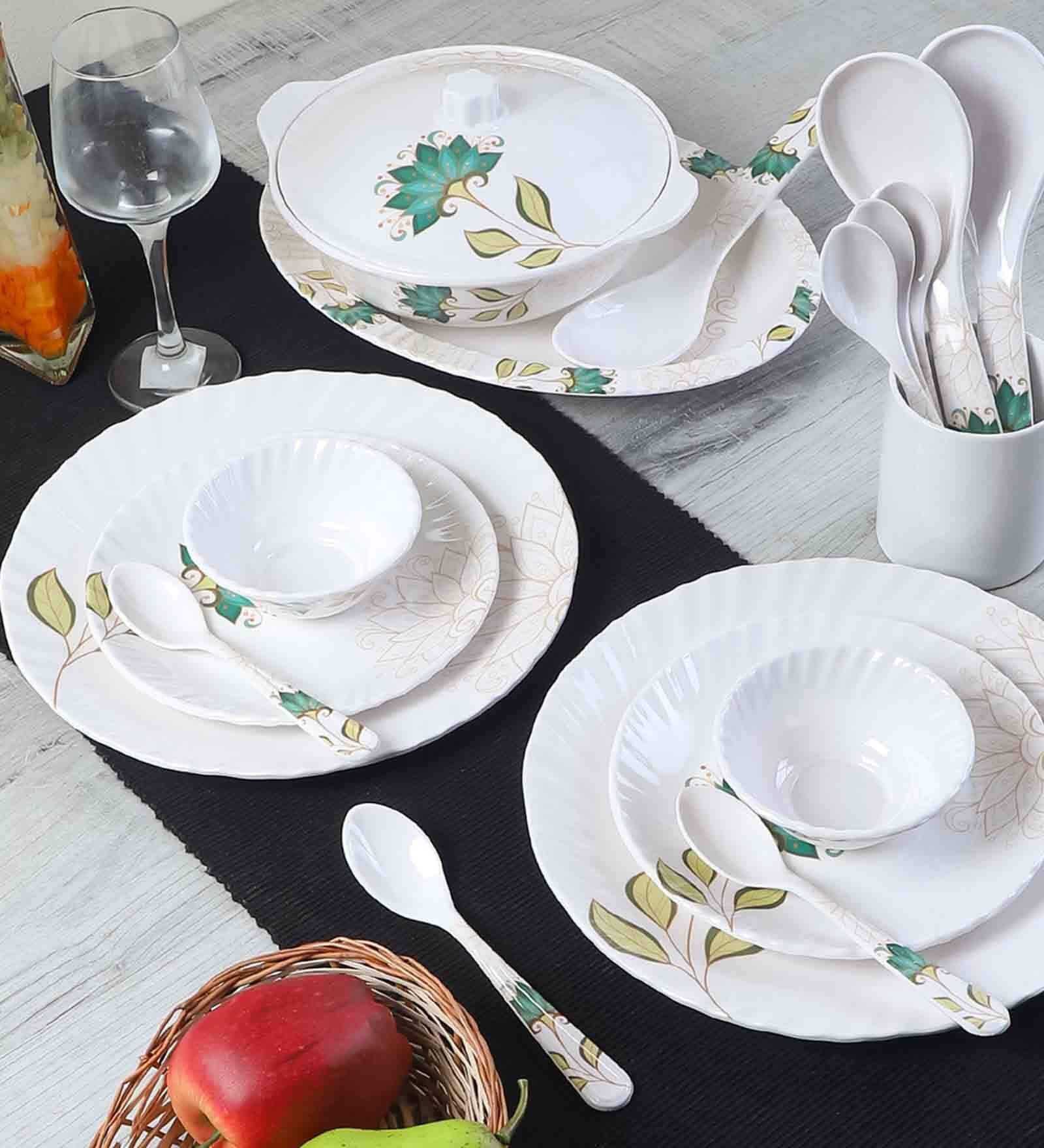 Floral 40 Pcs White & Green Melamine Dinnerware Set
