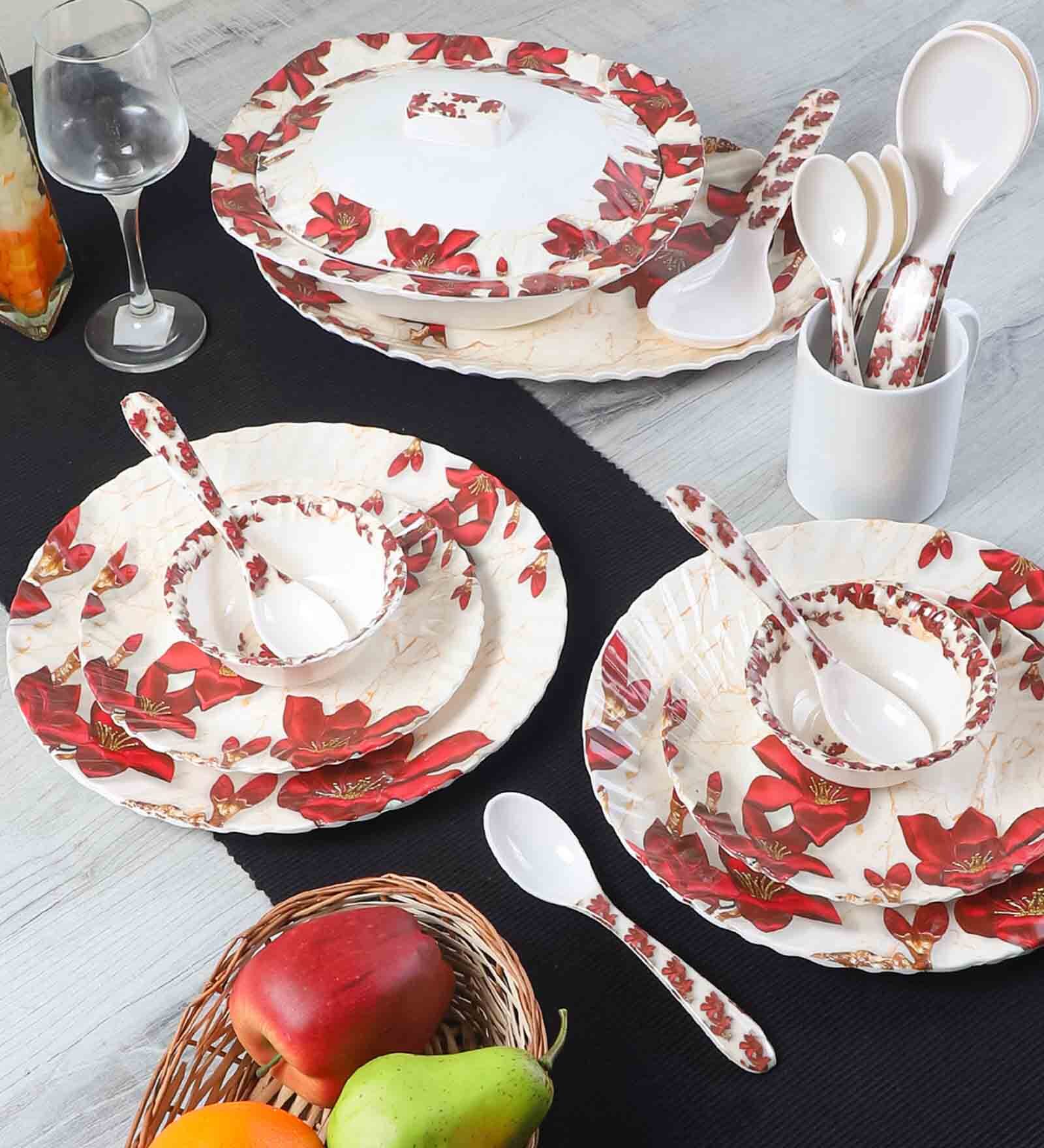 Floral Rose 40 Pcs White & Red Melamine Dinnerware Set