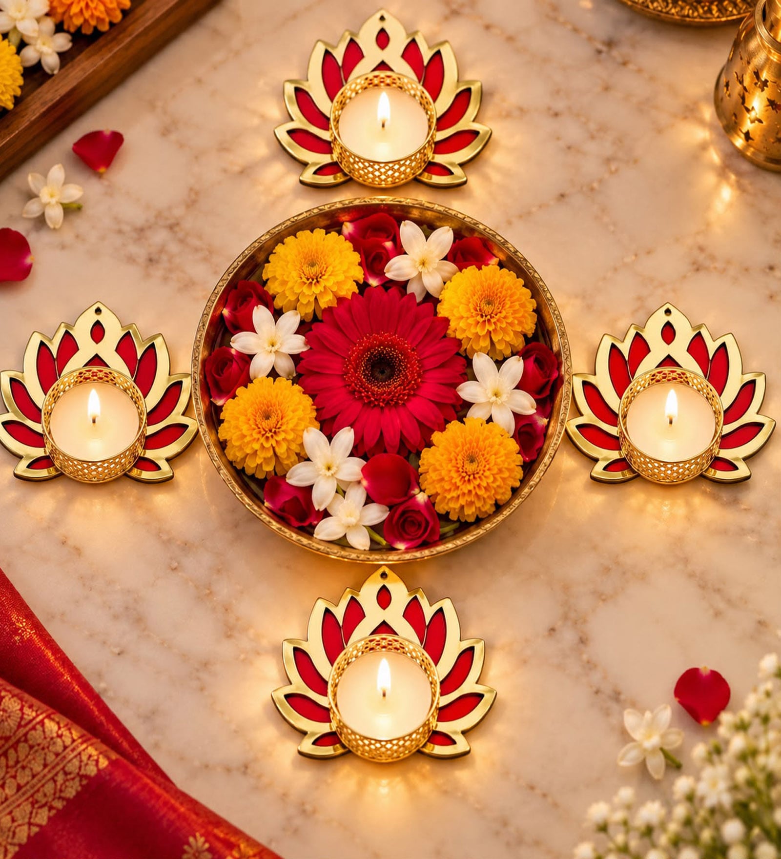 Assorted Golden Lotus Tealight and Diya Holders with Multicolour Accents and Tealight Candle 4 Pcs