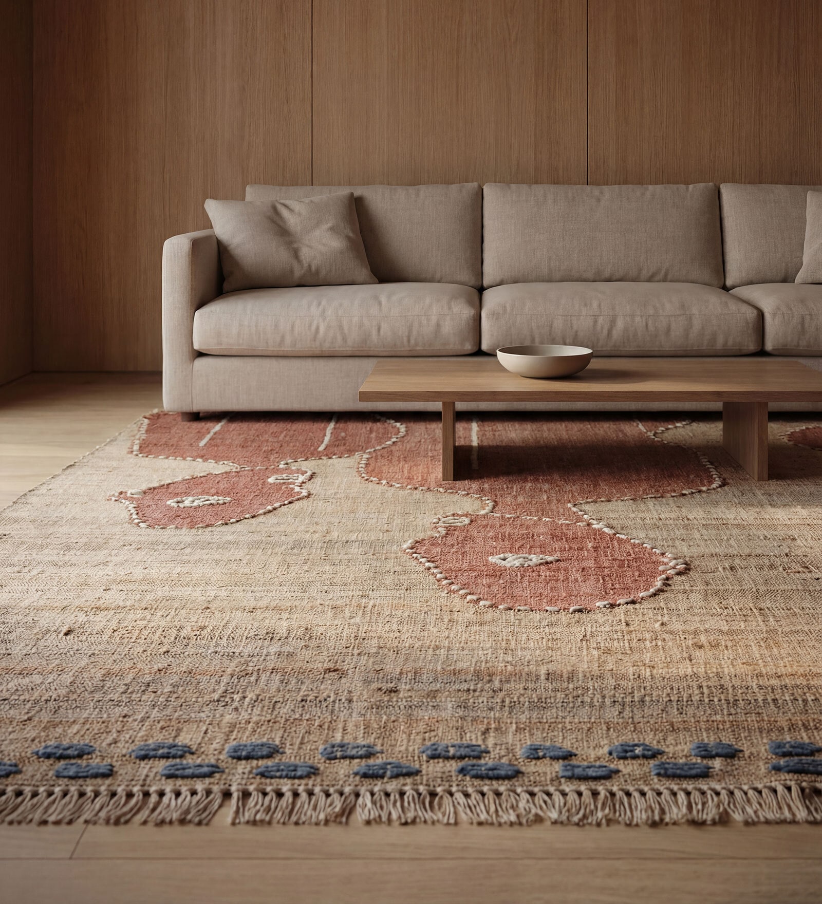 Soft Abstract People Art Rug 5X7'6 ft| Tan & Deep Navy Carpet Dhurrie