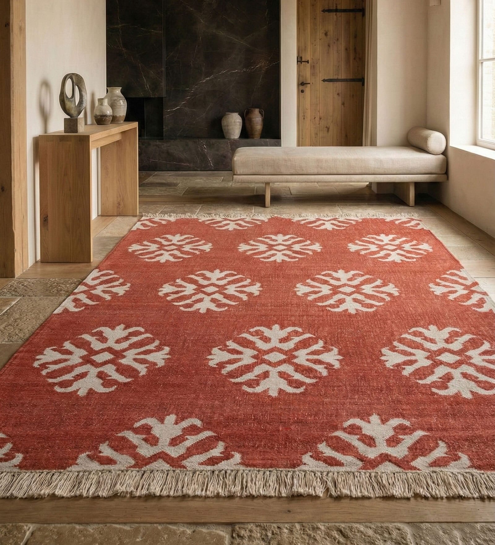 Soft Damask Rug 5X7 ft| Ribbon Red & White Carpet Dhurrie