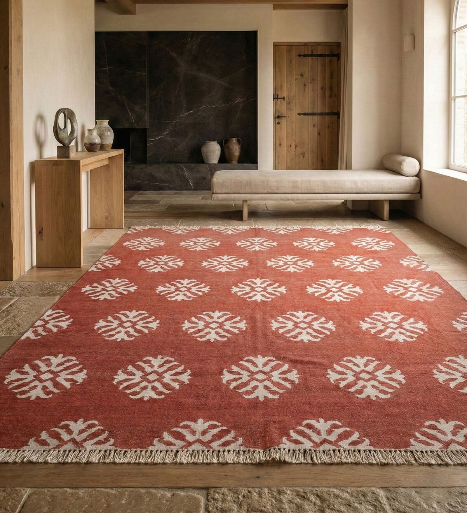 Soft Damask Rug 9X12 ft| Ribbon Red & White Carpet Dhurrie