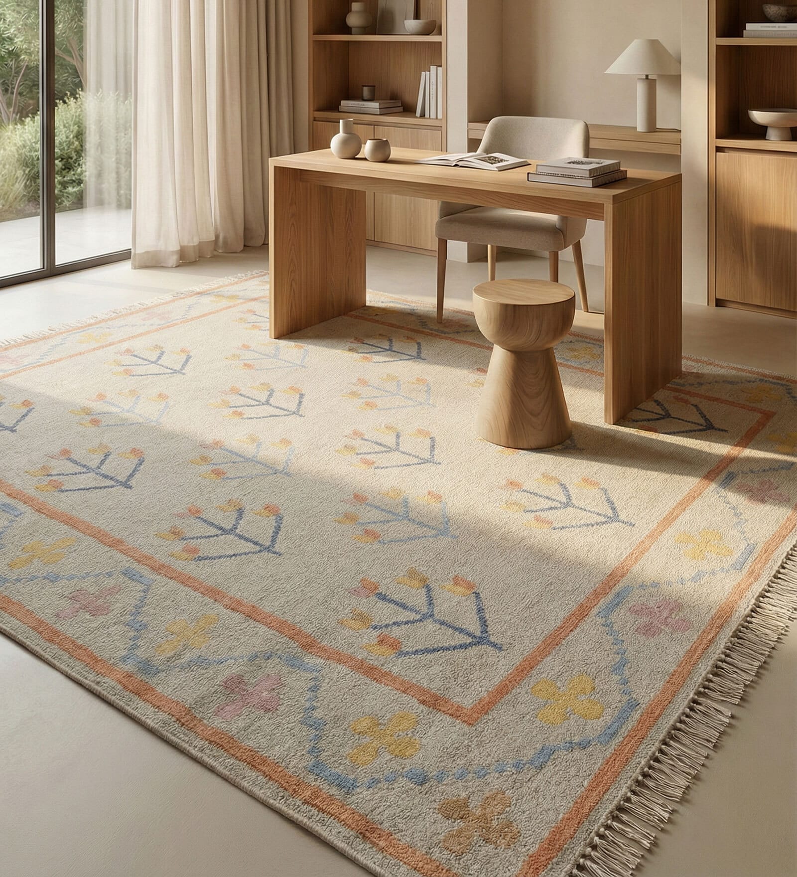 Soft Floral Rug 5X8 ft| White & Deep Navy Carpet Dhurrie