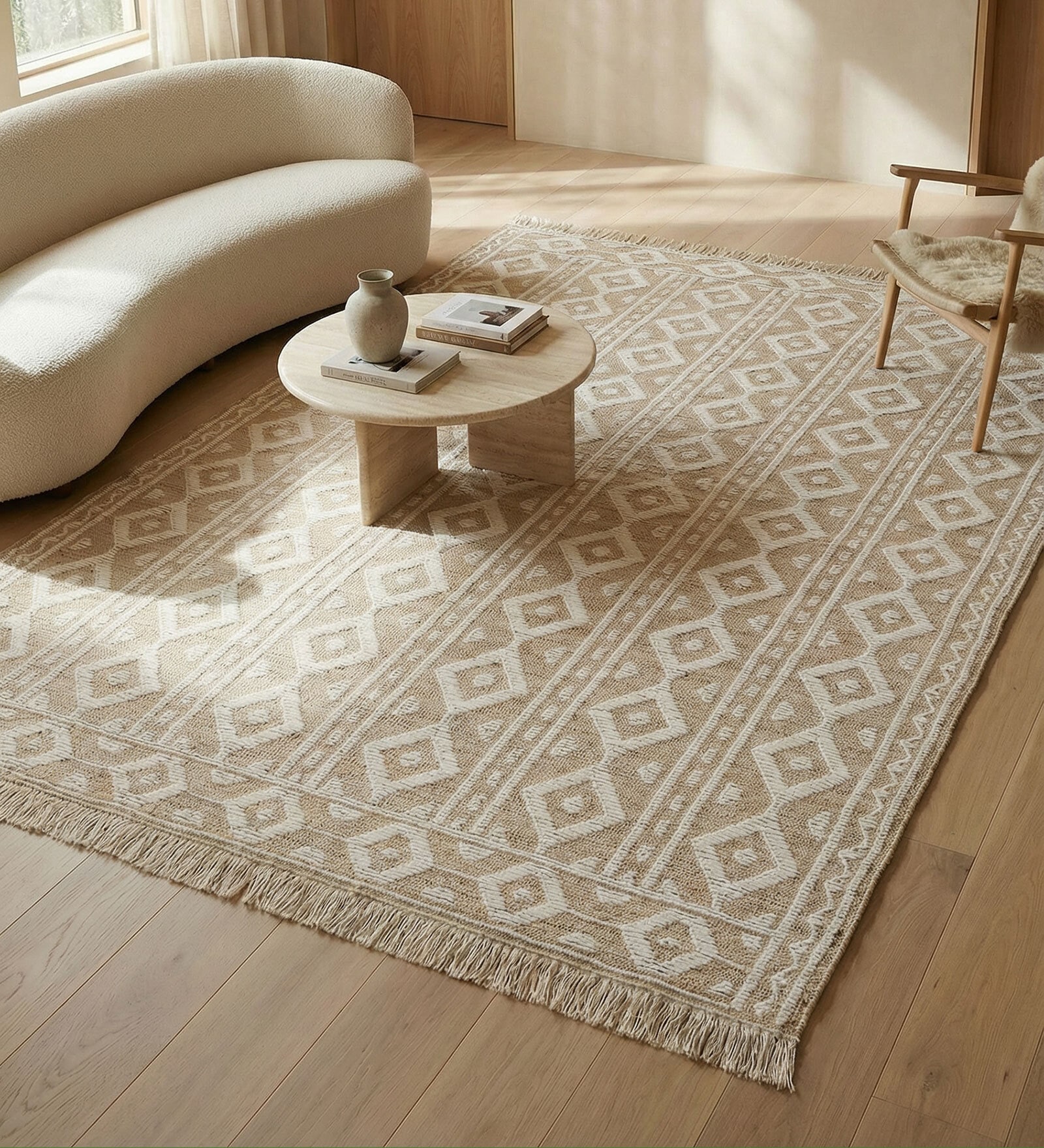 Soft Fret Rug 5X8 ft| Tan & White Carpet Dhurrie
