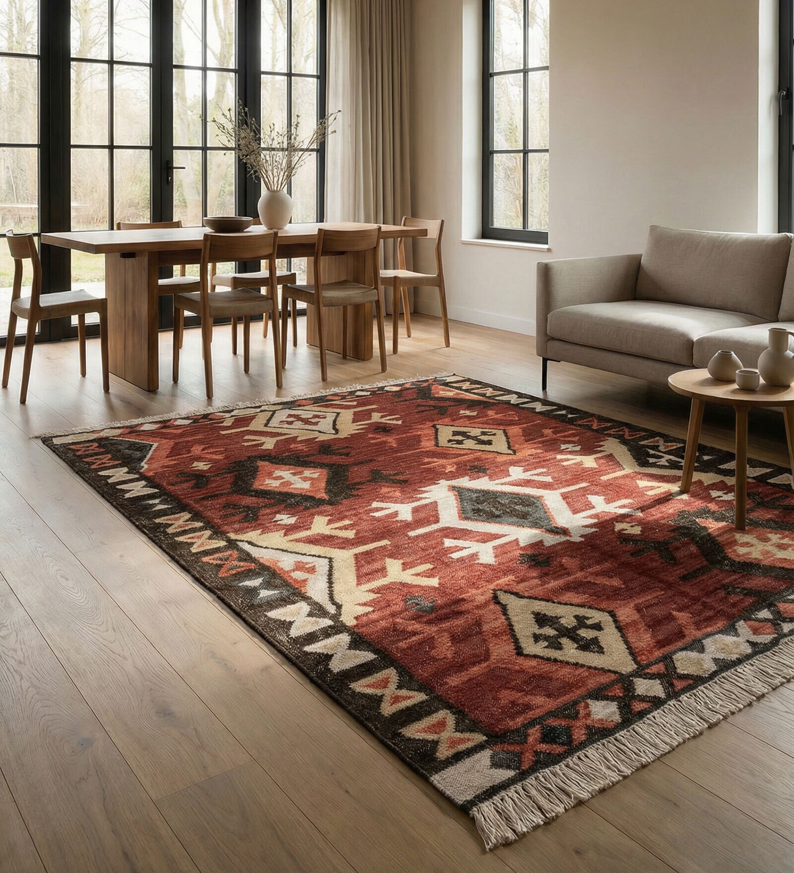 Soft Geometric Motif Rug 4'6X6'6 ft| Ribbon Red & Natural Brown Carpet Dhurrie