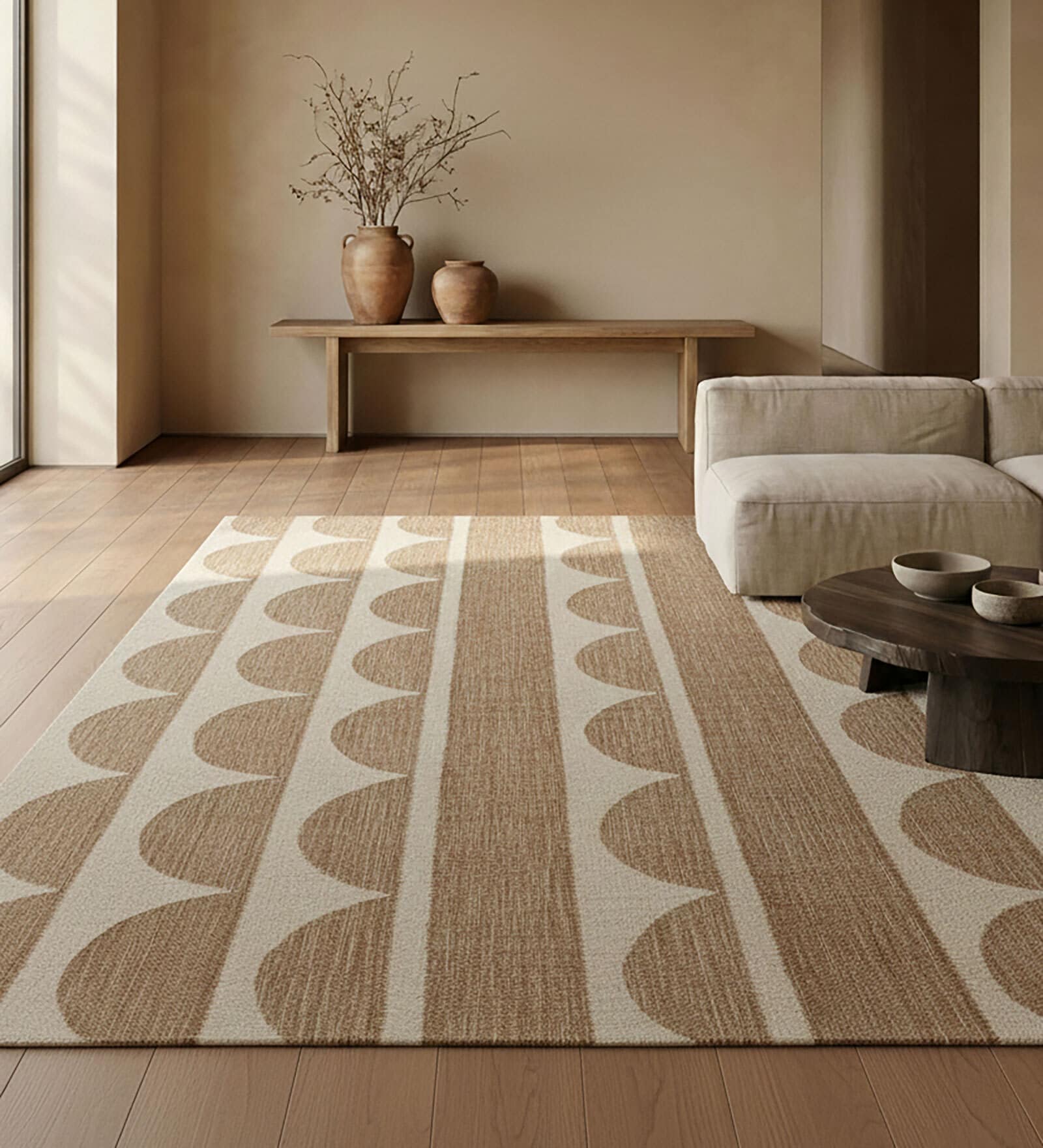 Soft Geometric Rug 5'6X8 ft| Tan & Natural Carpet Dhurrie