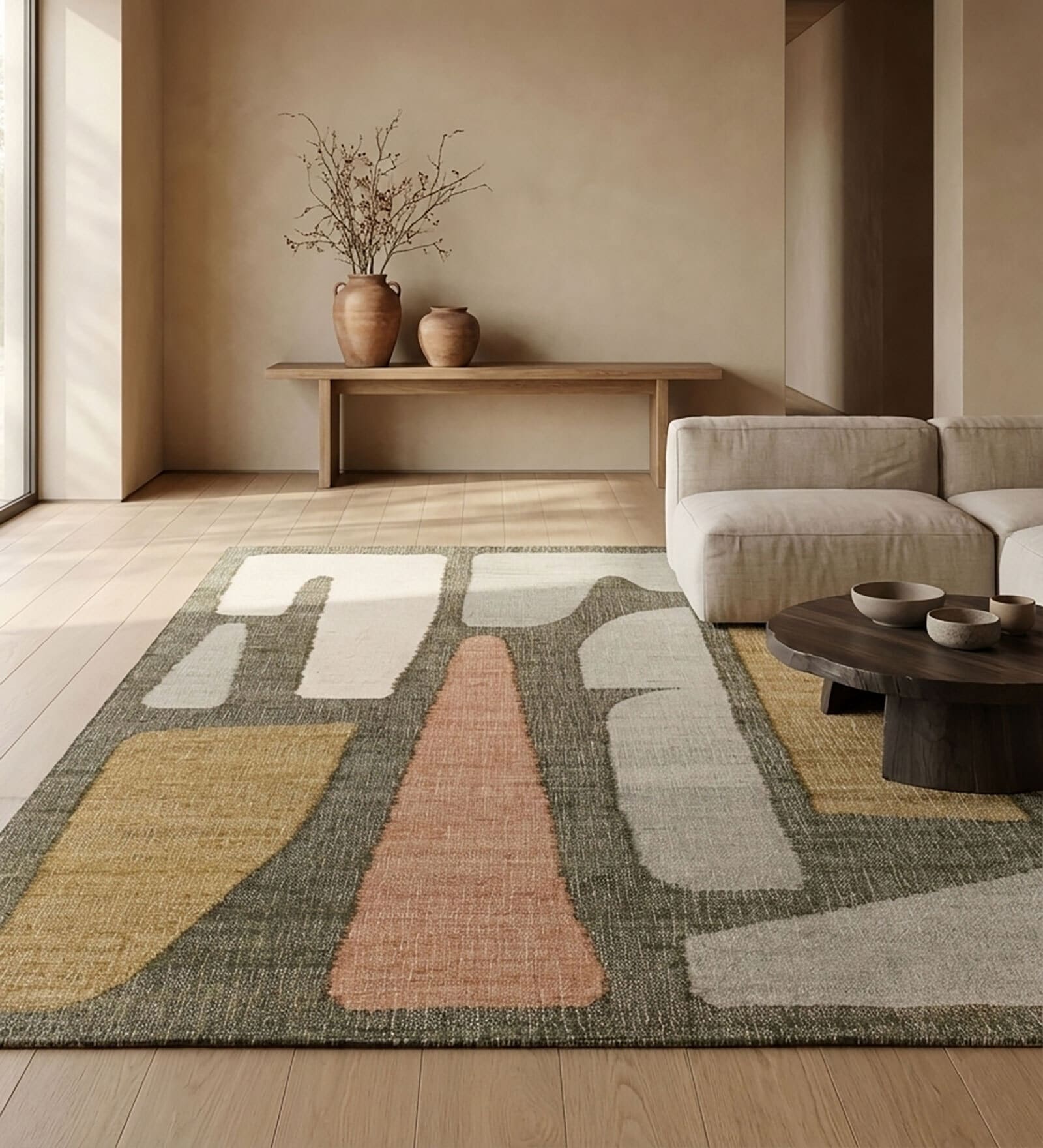 Soft Geometric Rug 5X7'6 ft| Tan & Treetop Carpet Dhurrie