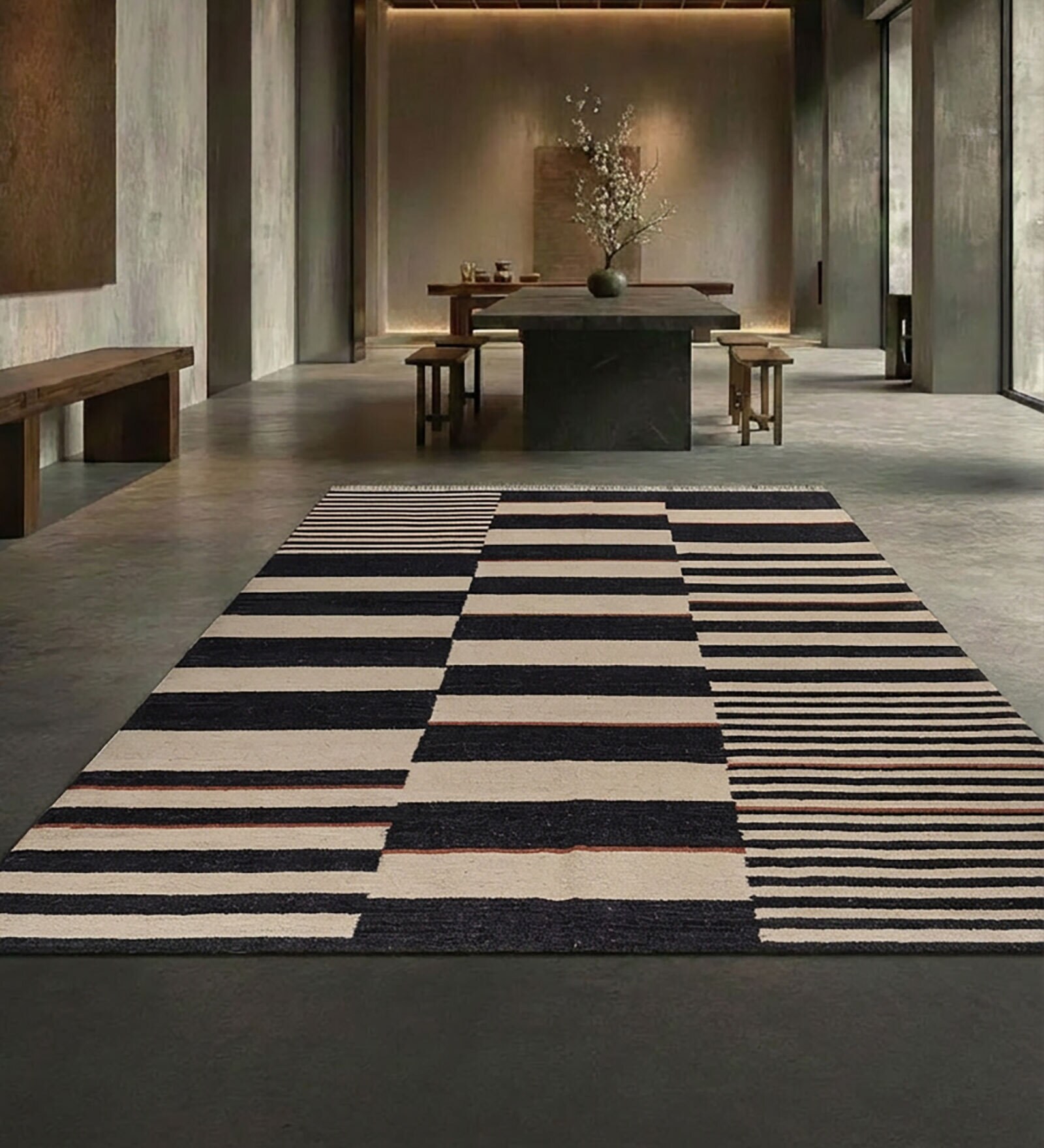 Soft Striped Rug 6X9 ft| Ebony & White Carpet Dhurrie