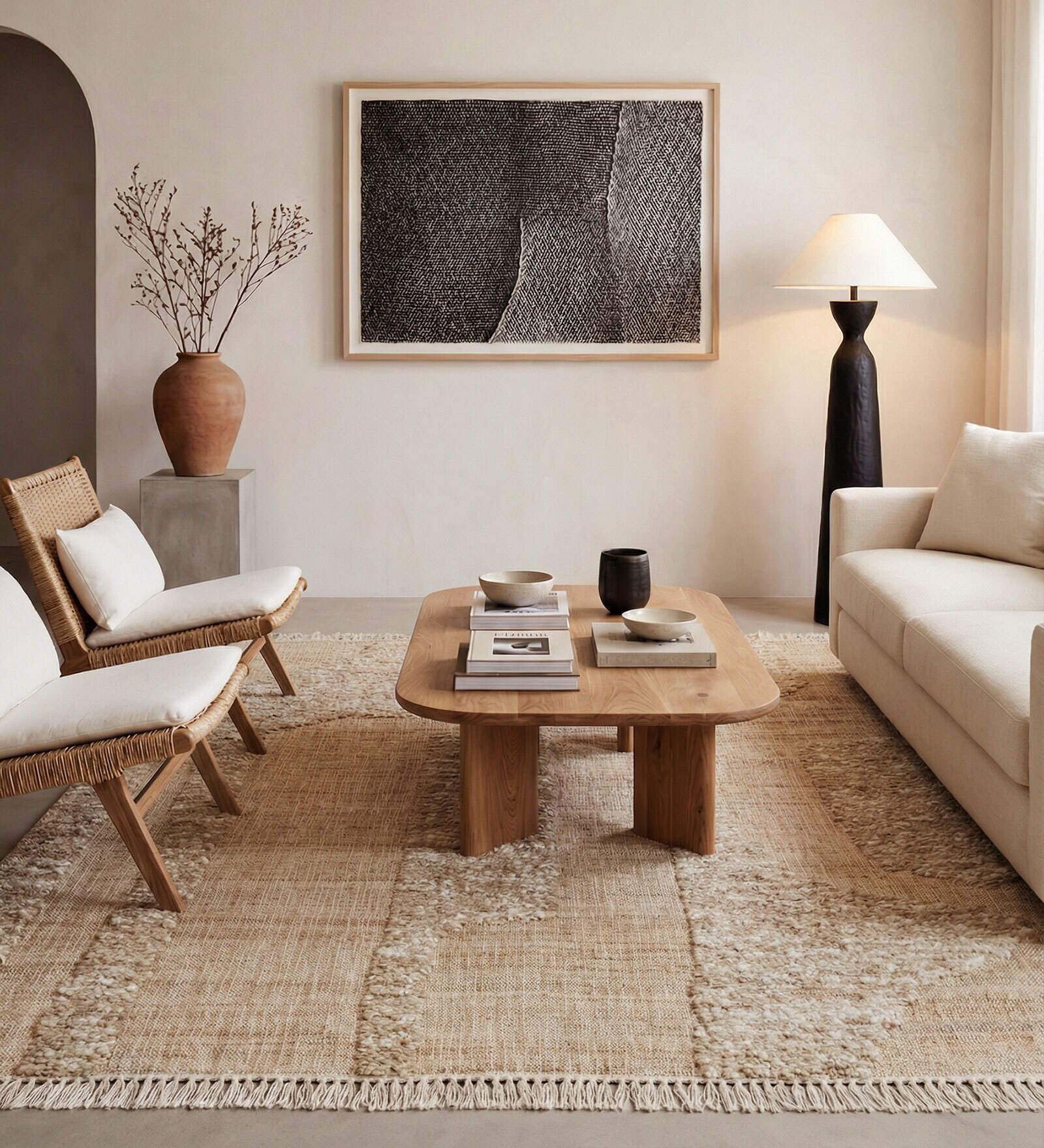 Soft Textured Braided Rug 5'6X7'6 ft| Tan & White Carpet Dhurrie