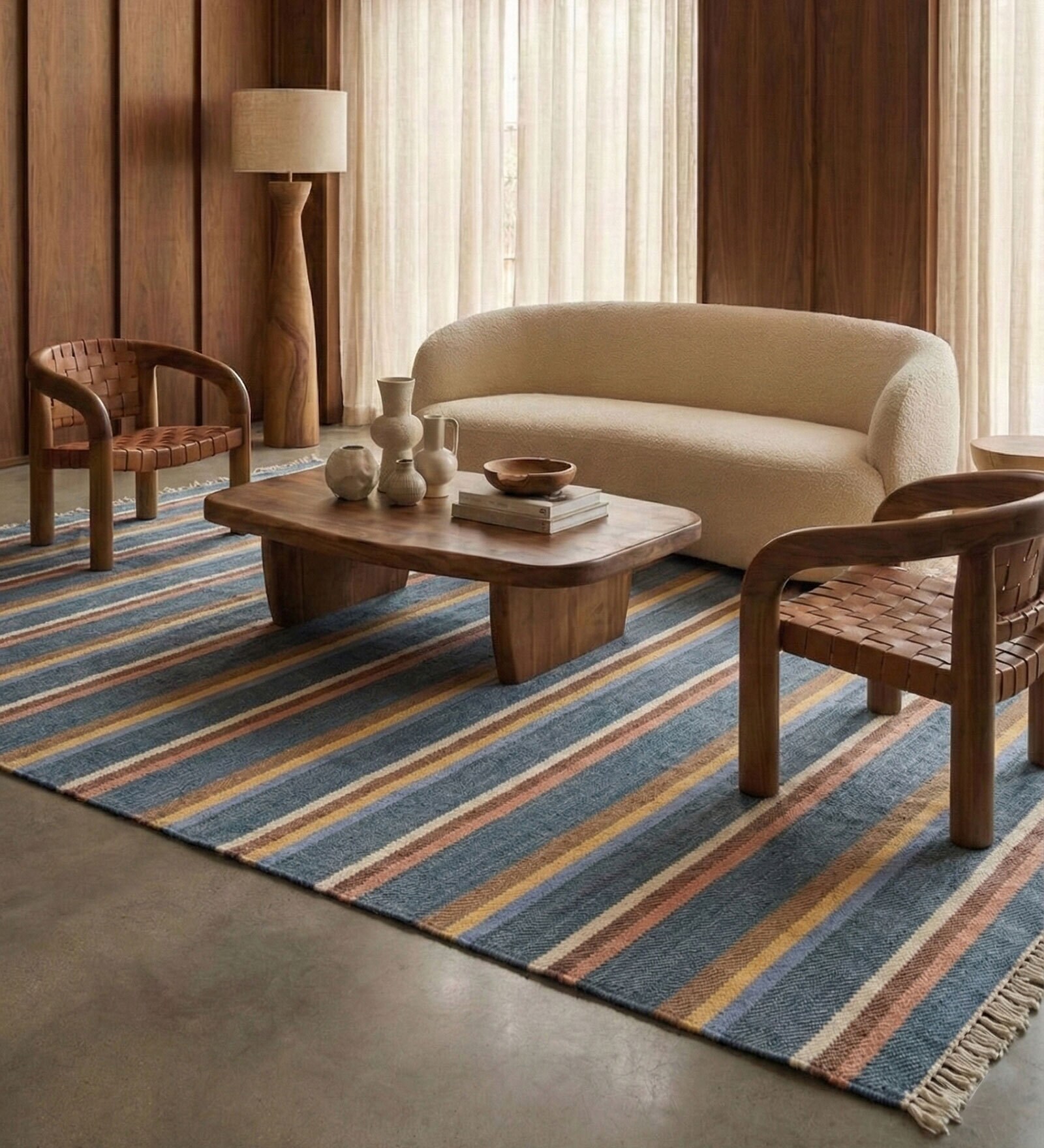 Soft Textured Striped Rug 5X7'6 ft| Deep Navy & Beige Carpet Dhurrie
