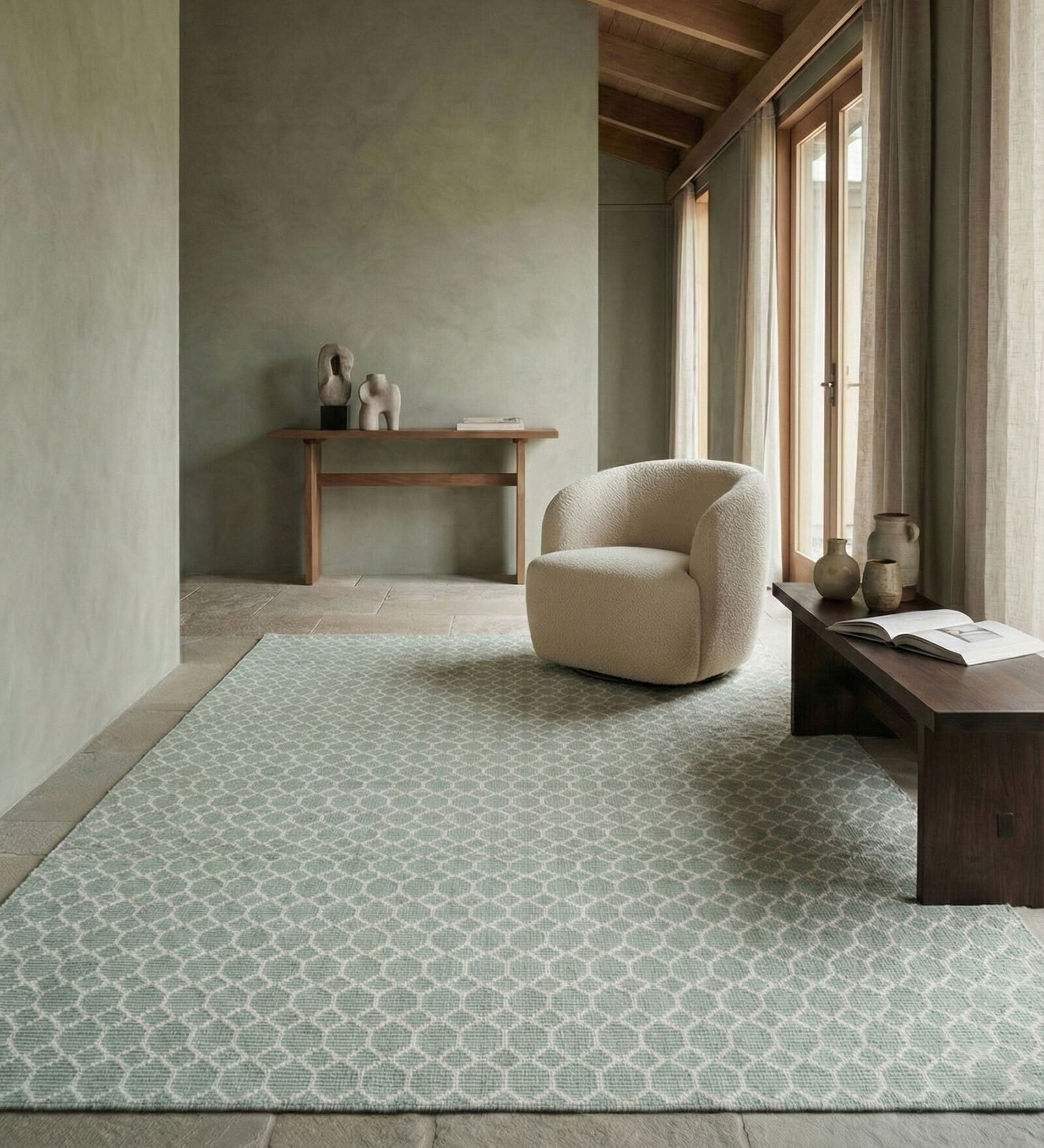 Soft Trellis Rug 5X8 ft| Treetop & White Carpet Dhurrie