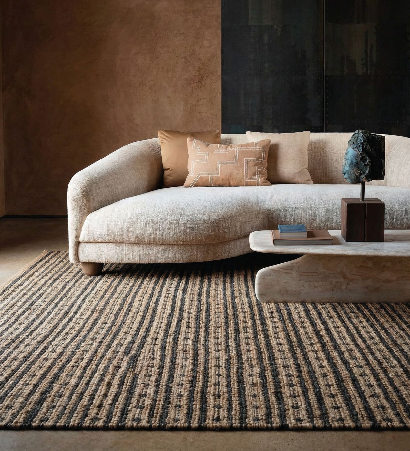 Soft Tribal Rug 8X10 ft| Tan & Ebony Carpet Dhurrie