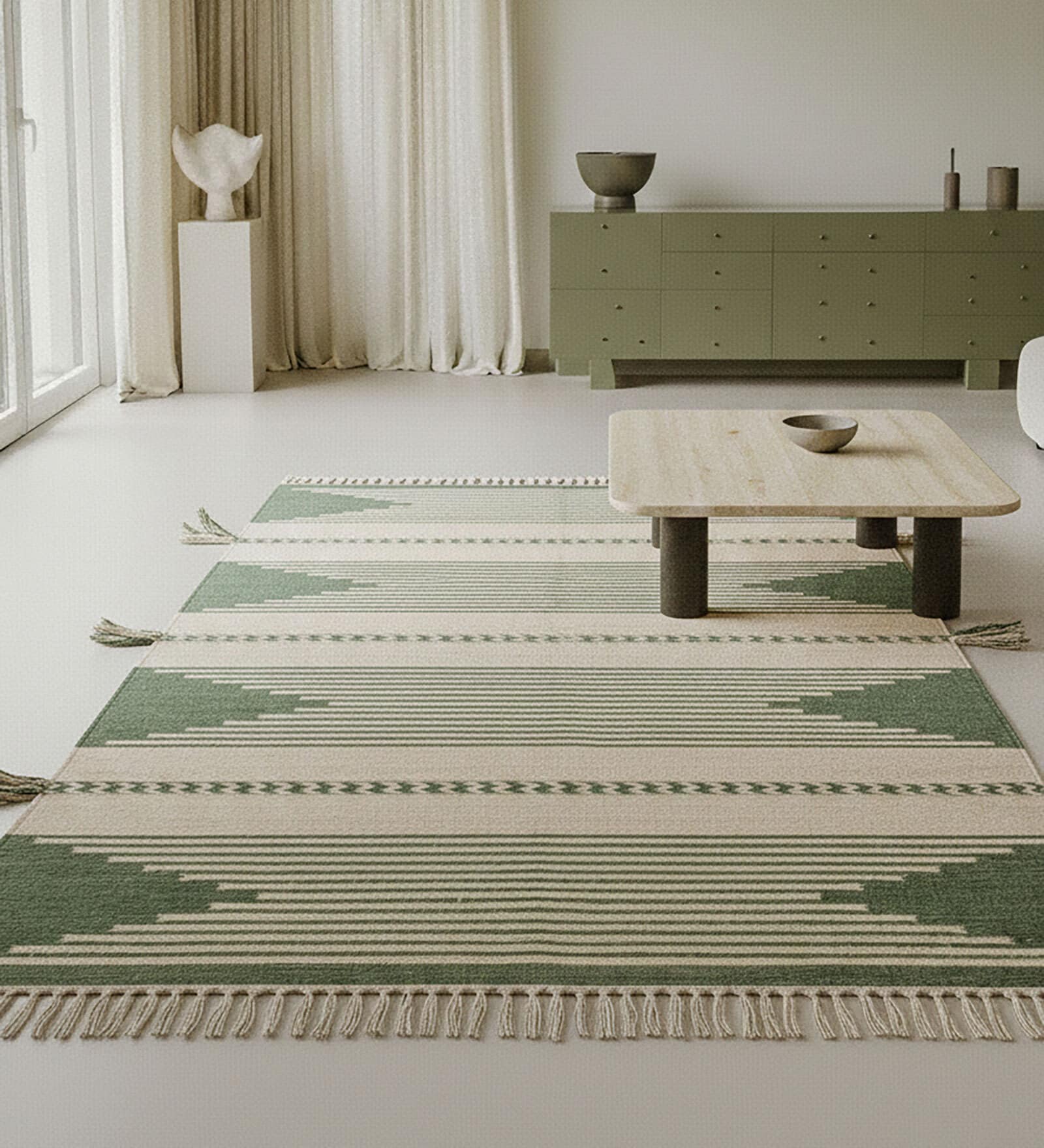 Soft Zig Zag Rug 4X5'6 ft| Treetop & White Carpet Dhurrie