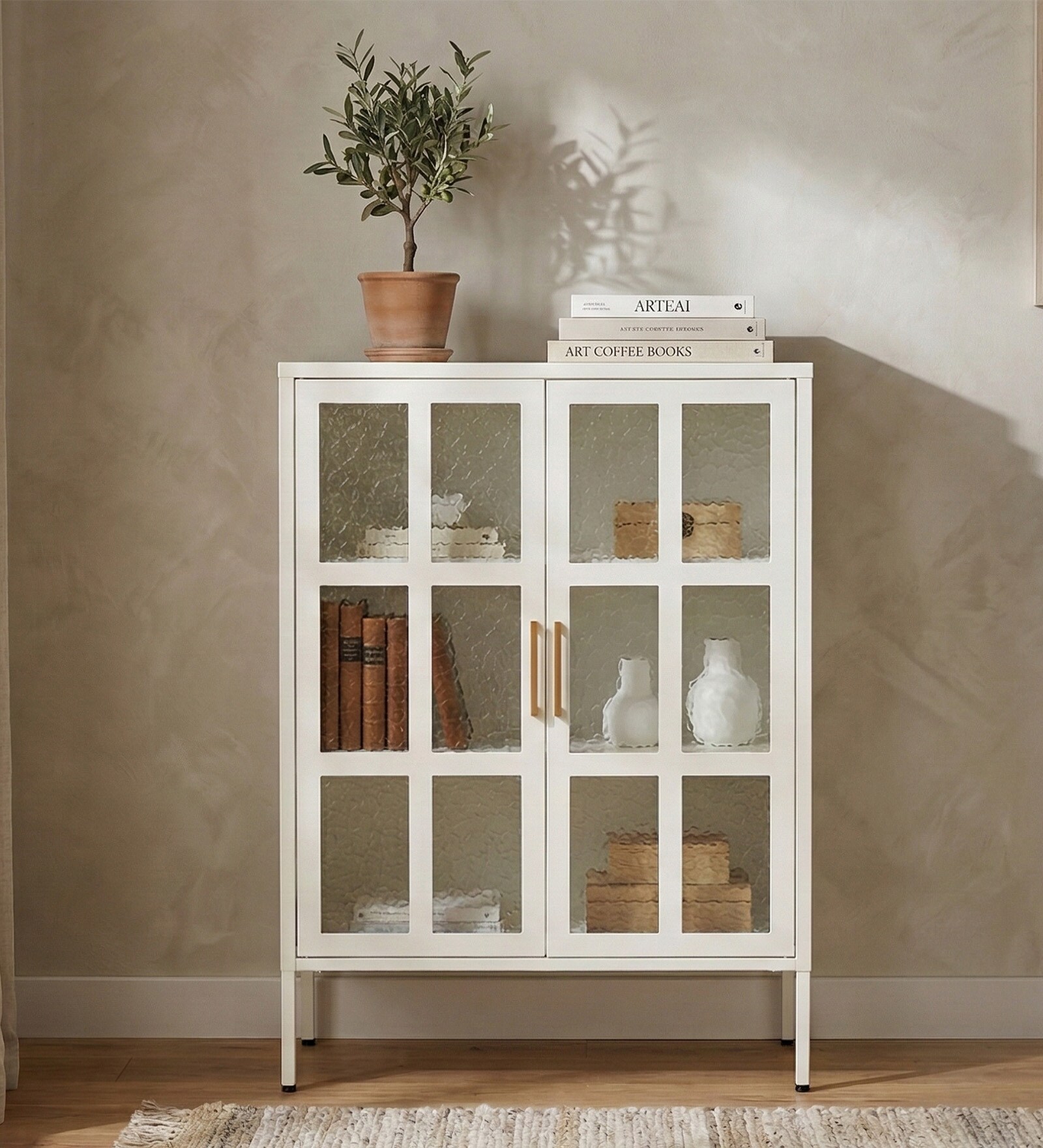 Astra Metal Crockery Unit with Glass Panel Doors Adjustable Shelving and Powder-Coated Metal Frame