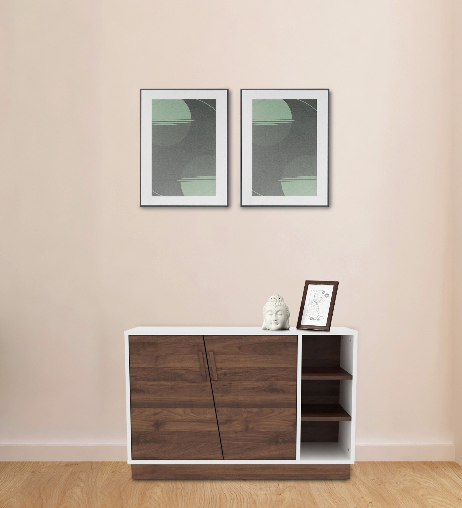 Astrid Shoe Cabinet In Columbian Walnut & Frosty White Colour