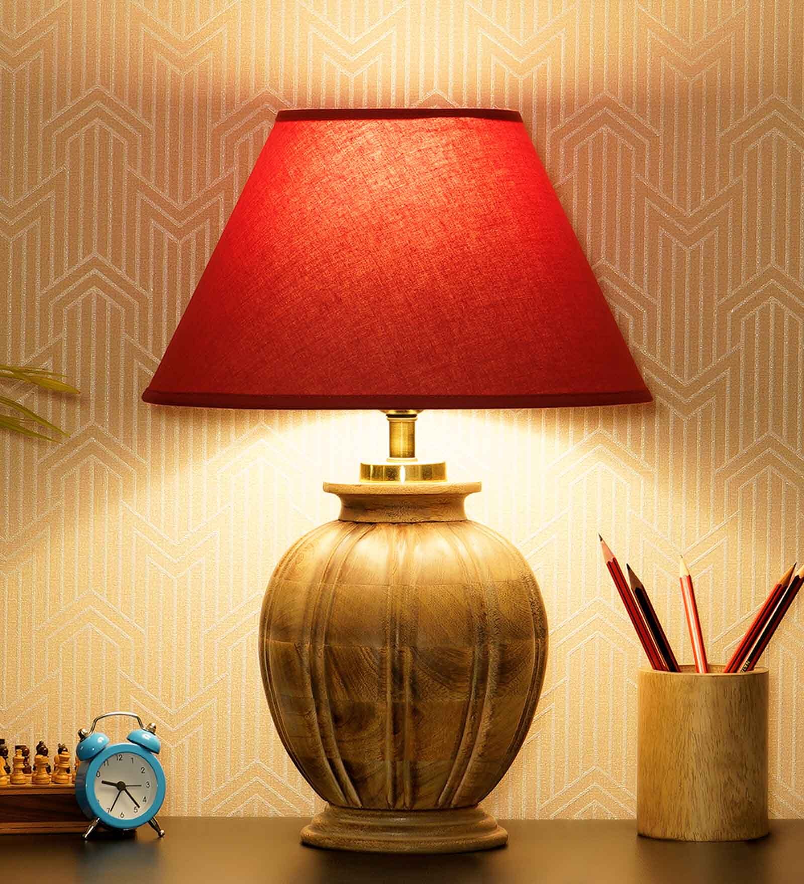 Ventus Maroon Cotton Shade Night Lamp With Wood Base