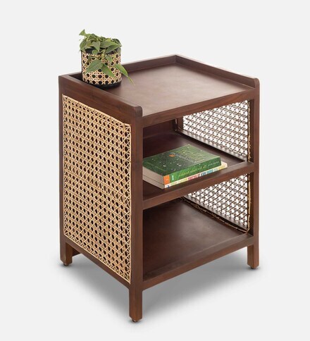 rattan accent table with shelf