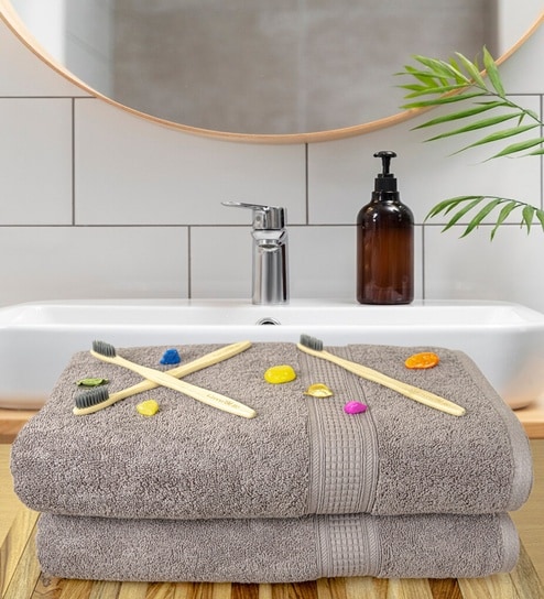 Ash Brown Cotton Solid  500 GSM Bath Towels Pack of 2