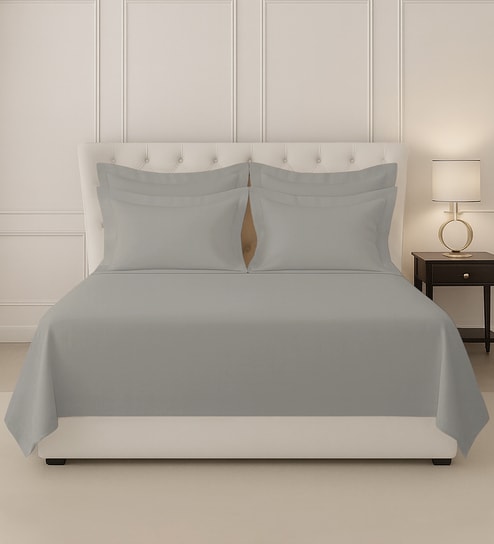 ash grey solid 400 tc cotton super king sized bedsheet with 4 pillow covers