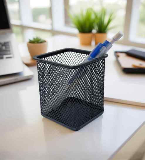 Ash Grey Square Metal Mesh Pen Stand