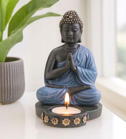 Buddha Figurine with T-Light Holder - Black & Blue, 25.4cm