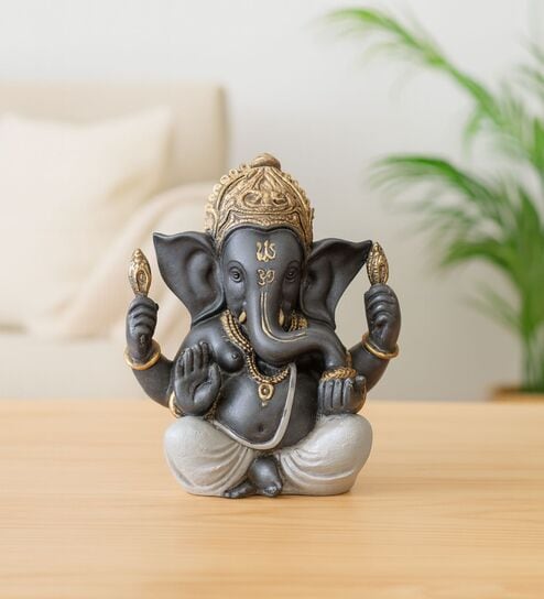 Crown Blessing Ganesha Decorative Showpiece - Metallic Grey, 12.3cm