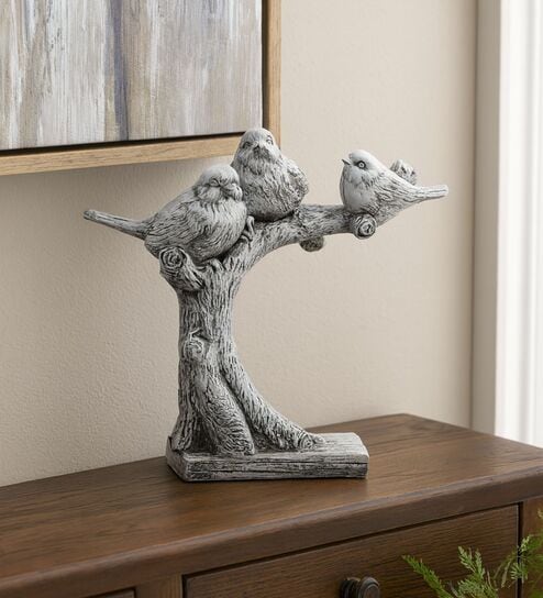 Decorative Bird Showpiece Standing On Tree - White & Grey, 26.6cm
