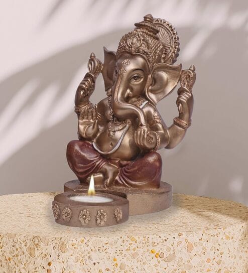 Ganesha Figurine with T-Light Holder - Brown & Red, 17.4cm
