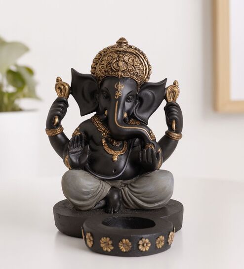 Ganesha Figurine with T-Light Holder - Metallic Grey, 17.4cm