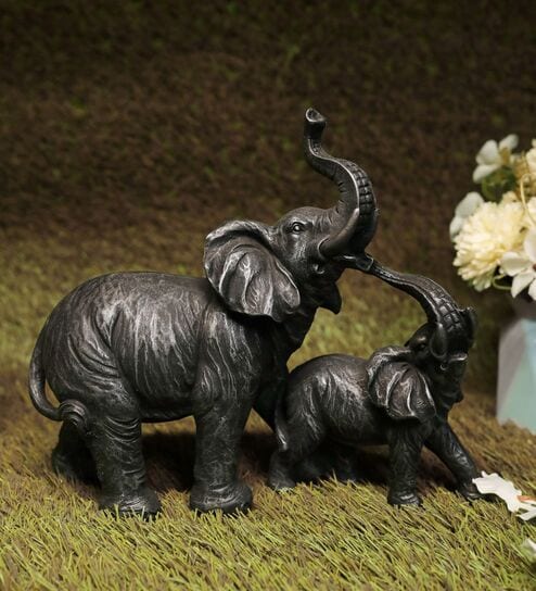 Mom and Baby Elephant Resin Animal Figurine - Black, 25.5cm