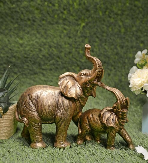 Mom and Baby Elephant Resin Animal Figurine (Gold, 25.5cm)