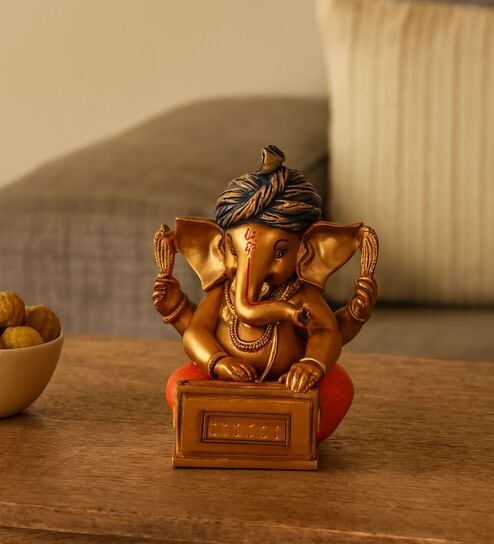 Pagadi Harmonium Music Ganesha - Gold & Orange, 17cm