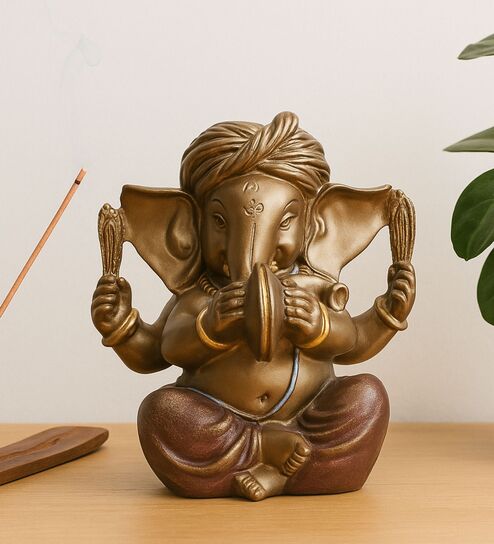 Pagadi Manjira Music Ganesha - Brown & Red, 16cm