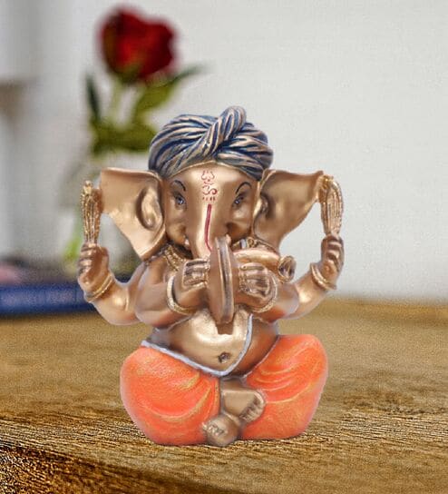 Pagadi Manjira Music Ganesha - Gold & Orange, 16cm