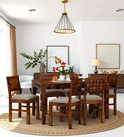 Ashoka 6 Seater Dining Table Set In Brown