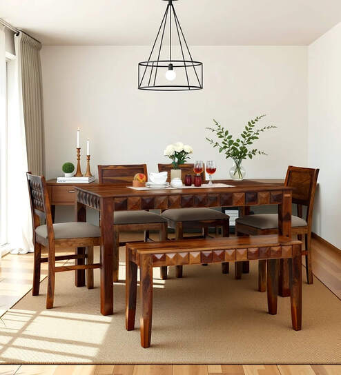 Ashoka Sheesham Wood 6 Seater Dining Table Set With Bench Sheesham In Brown