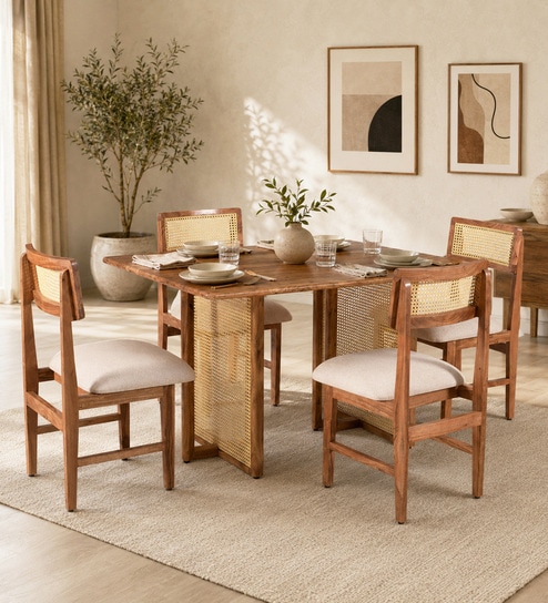 Assen Acacia Wood 4 Seater Dining Set In Natural Finish With upholstered chair