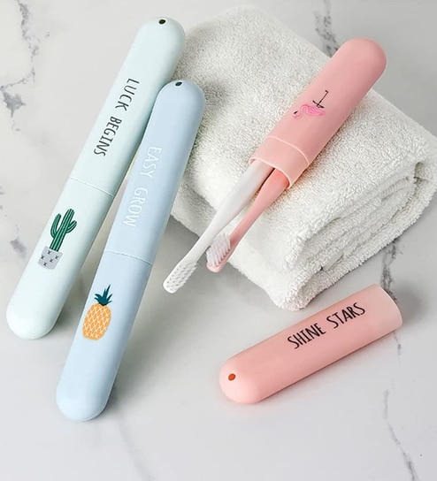 Assorted Anti Bacterial Printed Toothbrush Case with Cap (set of 3)