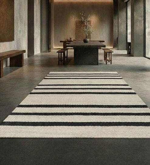 Soft Balance Striped Rug 5X8 ft| White & Ebony Carpet Dhurrie