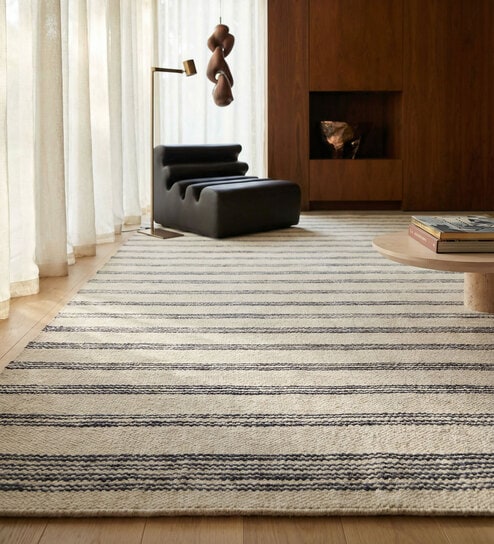 Soft Balance Striped Rug 8X10 ft| White & Deep Navy Carpet Dhurrie