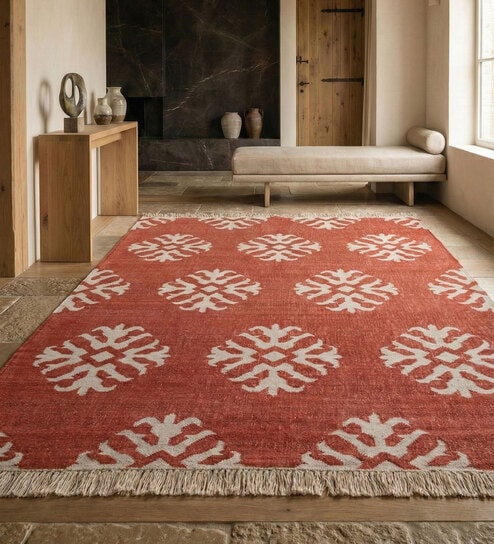 Soft Damask Rug 5X7 ft| Ribbon Red & White Carpet Dhurrie