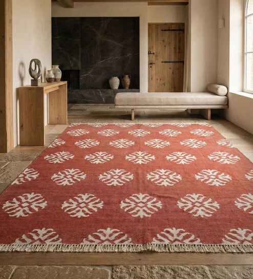 Soft Damask Rug 9X12 ft| Ribbon Red & White Carpet Dhurrie