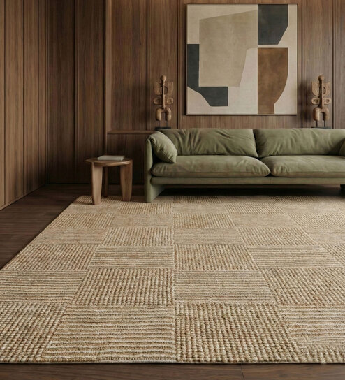 Soft Geometric Block Rug 5X8 ft| Tan & White Carpet Dhurrie