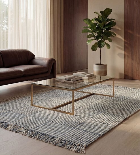 Soft Geometric Block Rug 5X8 ft| Victoria Blue & White Carpet Dhurrie