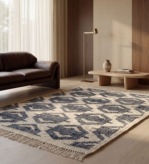 Soft Geometric Rug 3X5 ft| Seaside Blue & White Carpet Dhurrie
