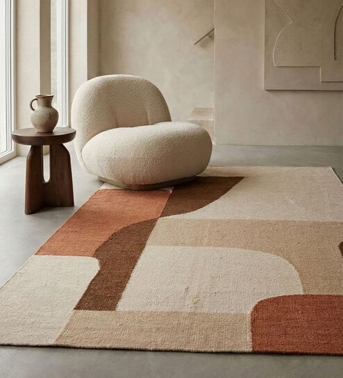 Soft Geometric Rug 4X5'6 ft| Beige & Orange Carpet Dhurrie