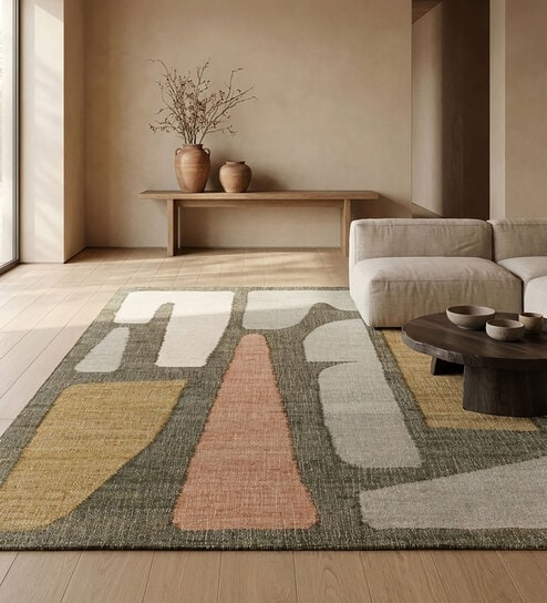 Soft Geometric Rug 5X7'6 ft| Tan & Treetop Carpet Dhurrie